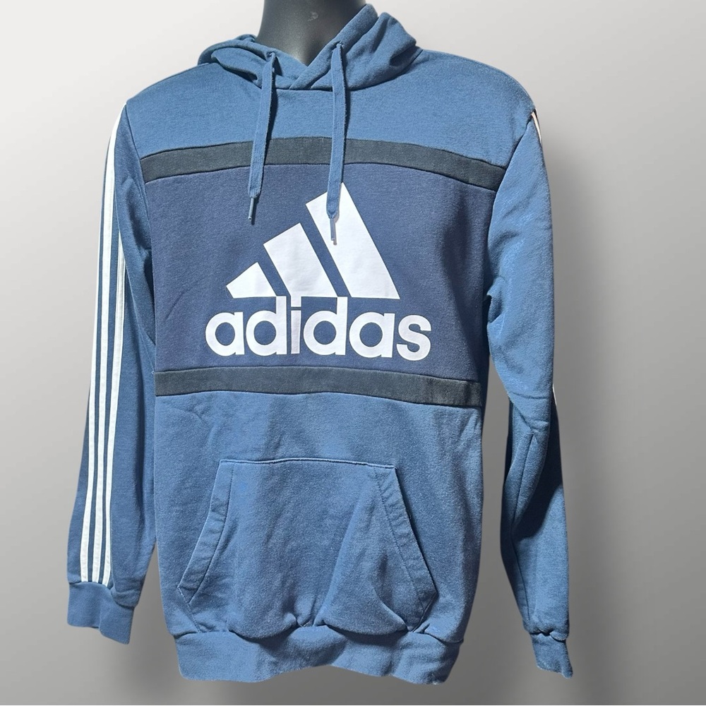 Adidas Men’s Navy Blue Hoodie Sz M Logo Front 3 Stripes Sleeve Kangaroo Pocket - Picture 1 of 8